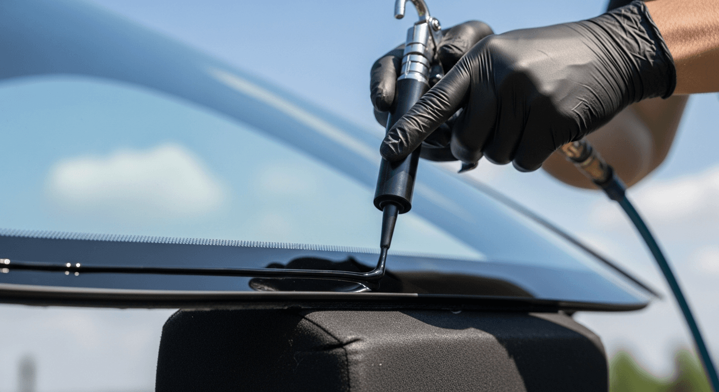 Careful auto glass craftsmanship in cinematic light