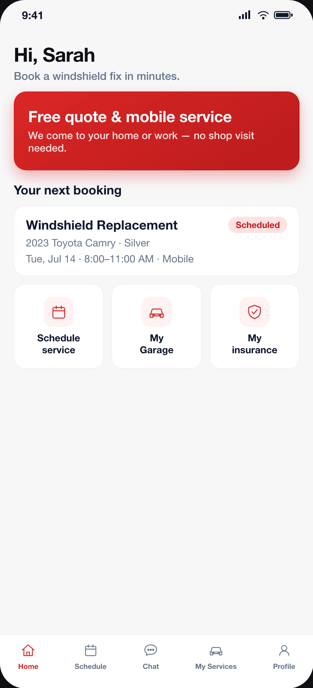 The Bangify app home screen — next booking, schedule service, garage and insurance
