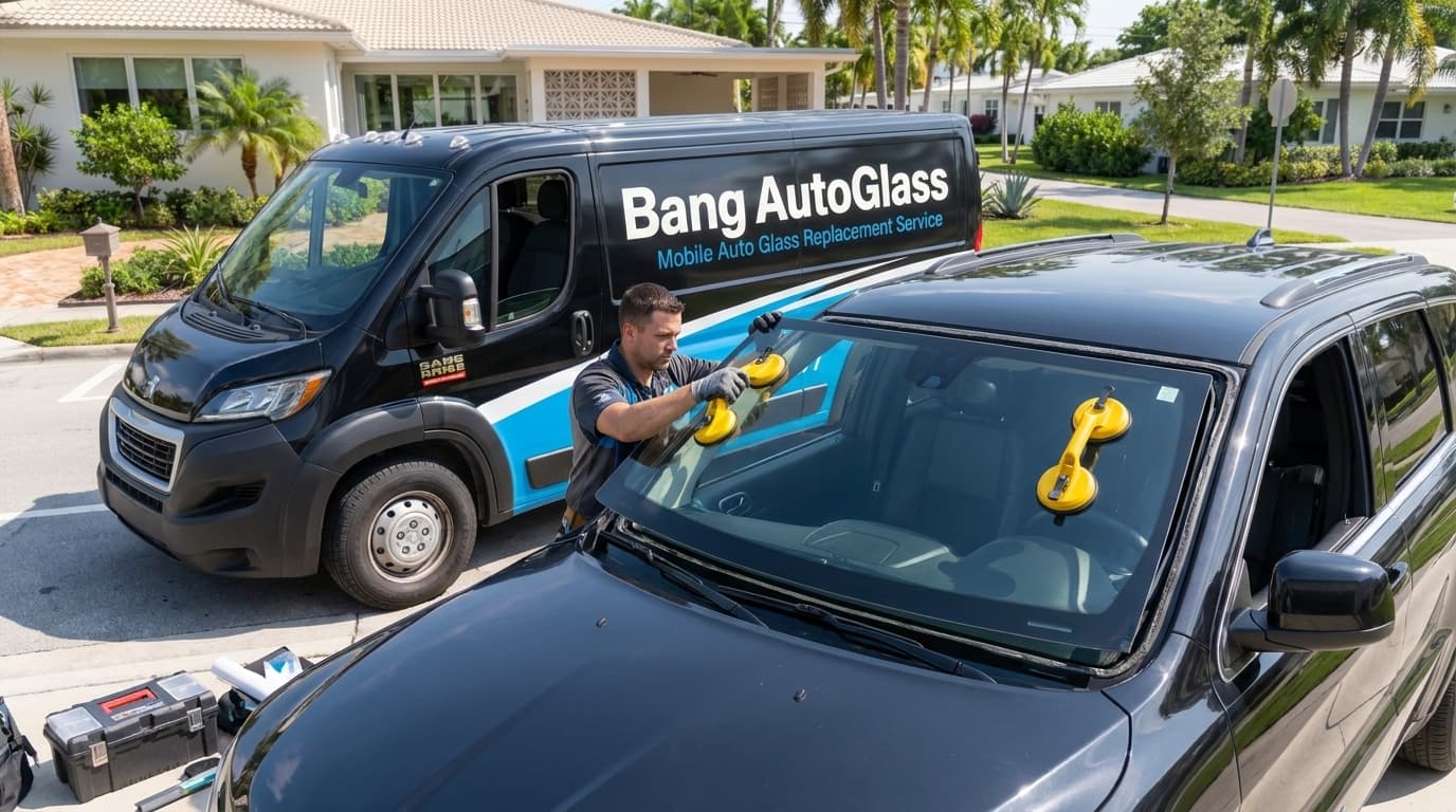 A Bang AutoGlass technician setting a new windshield beside the branded service van
