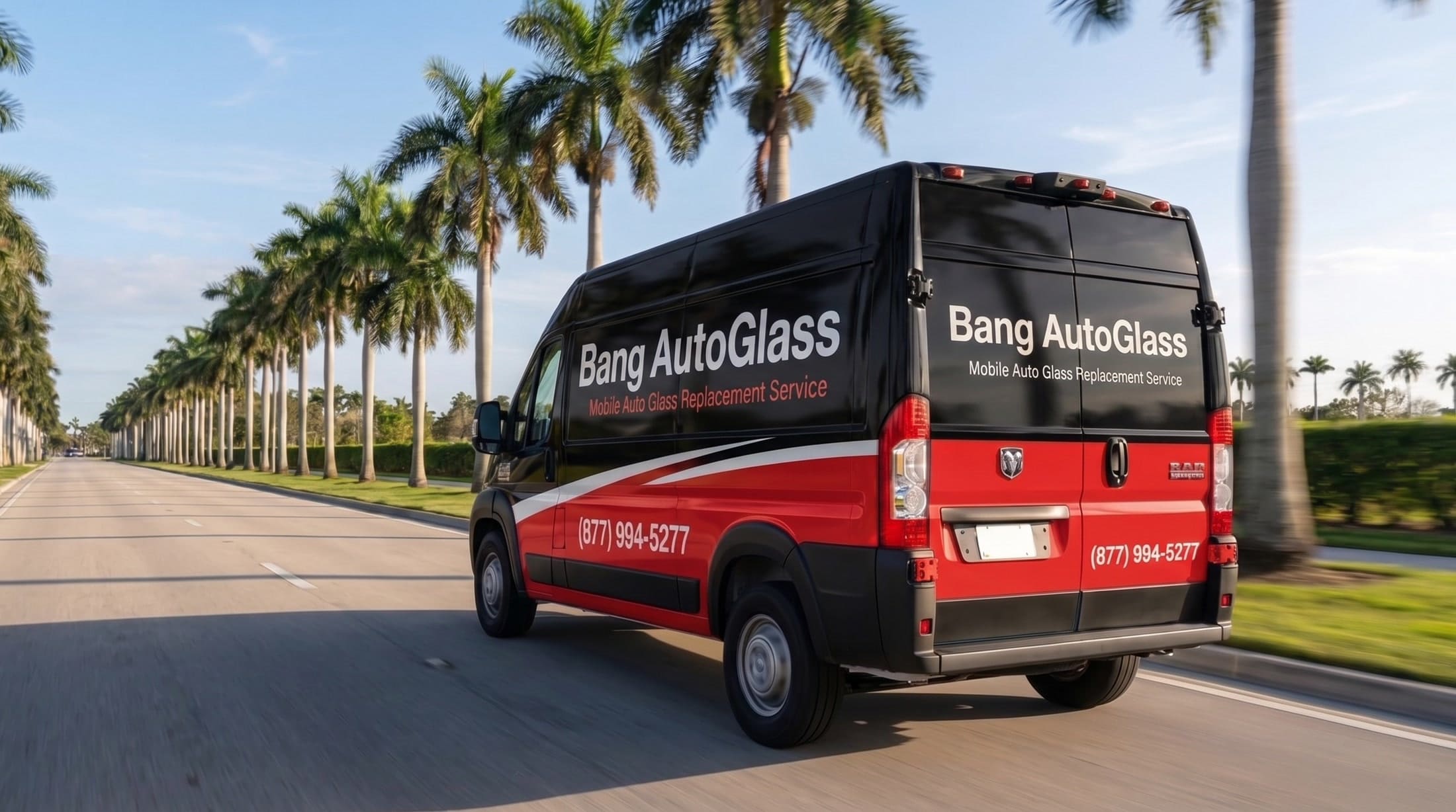 The Bang AutoGlass mobile service van on the road, ready to come to you