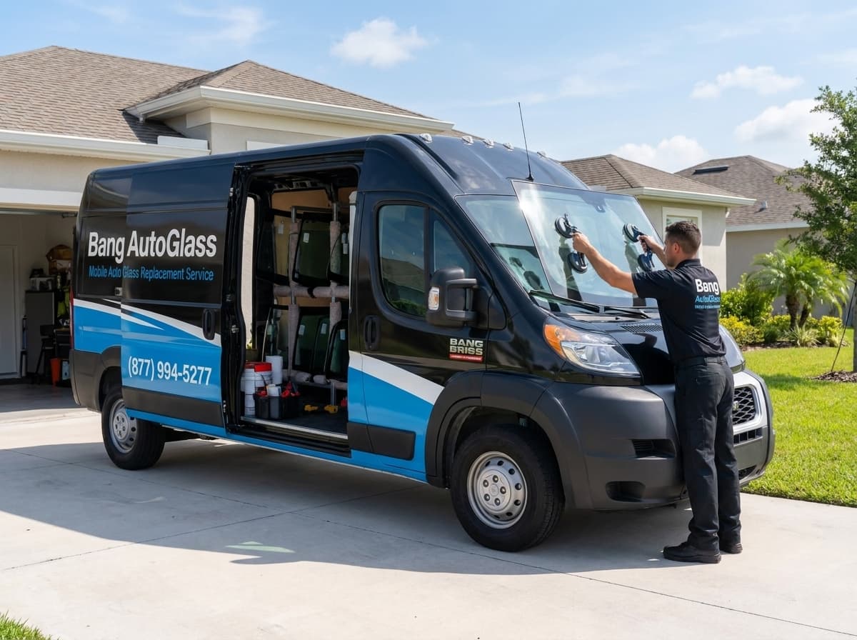 A Bang AutoGlass branded service van arriving at a customer's driveway at dusk