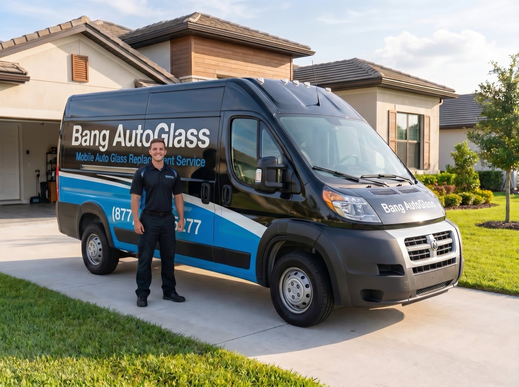 Bang AutoGlass mobile service van parked at a customer's home in Arizona, technician ready to replace auto glass on-site
