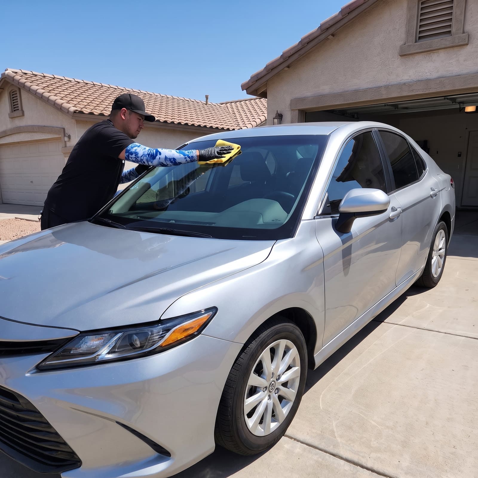 Bang AutoGlass technician fitting a replacement windshield in a driveway