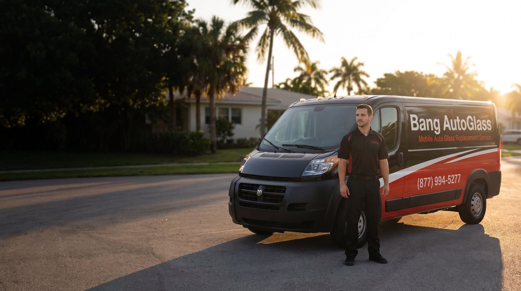 A man dressed in black stands beside a red-and-black van displaying the Bang AutoGlass logo at sunset