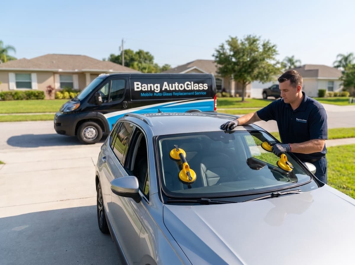 A Bang AutoGlass technician sets a new windshield with suction cups in a sunny suburban driveway, branded service van parked at the curb