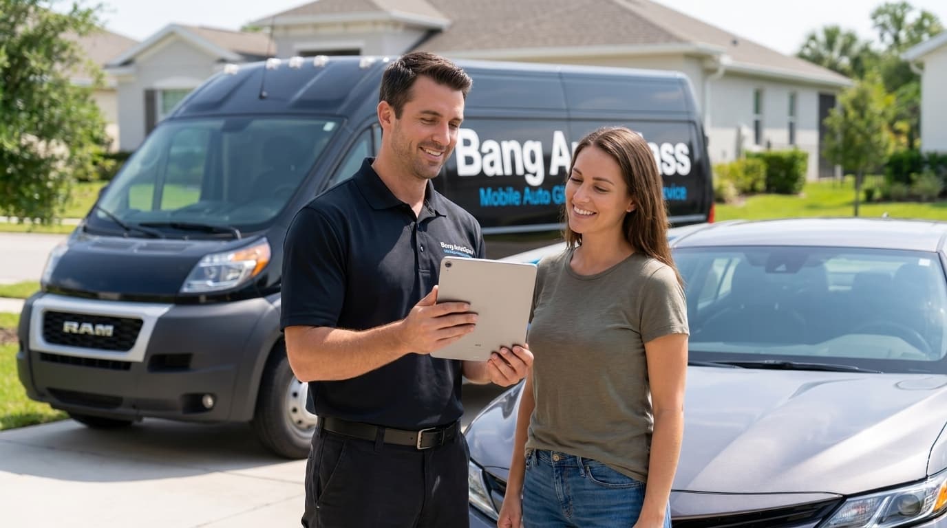 A Bang AutoGlass technician reviews insurance coverage with a happy customer on a tablet in a sunny driveway