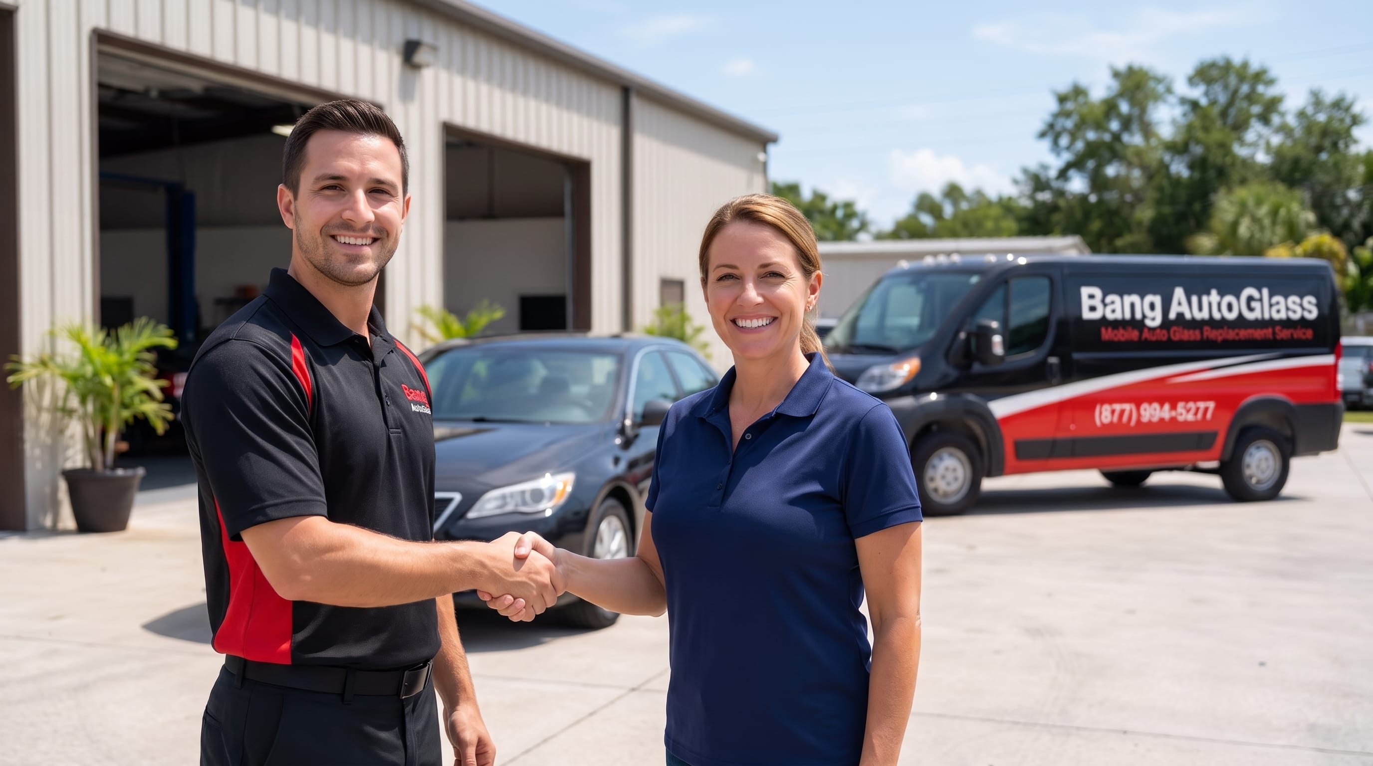 A Bang AutoGlass representative shaking hands with a shop owner outside their business, the branded Bang AutoGlass van parked behind them.