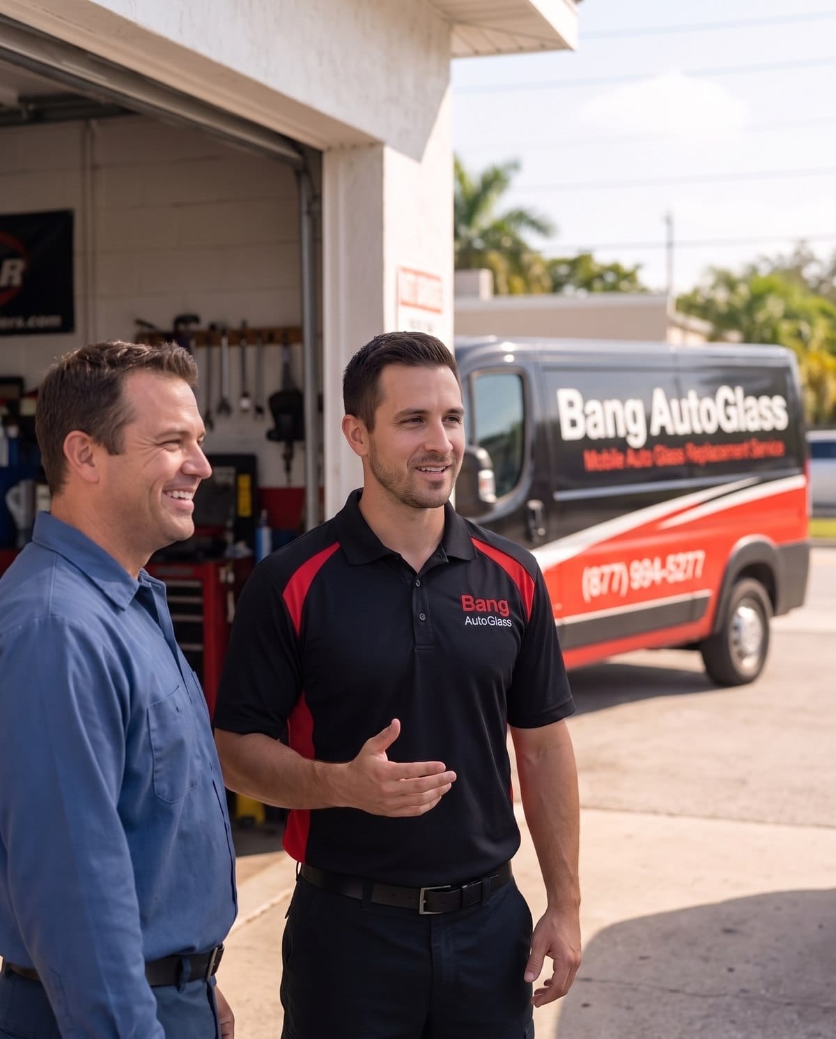 A Bang AutoGlass representative talking with an independent shop owner beside the branded service van
