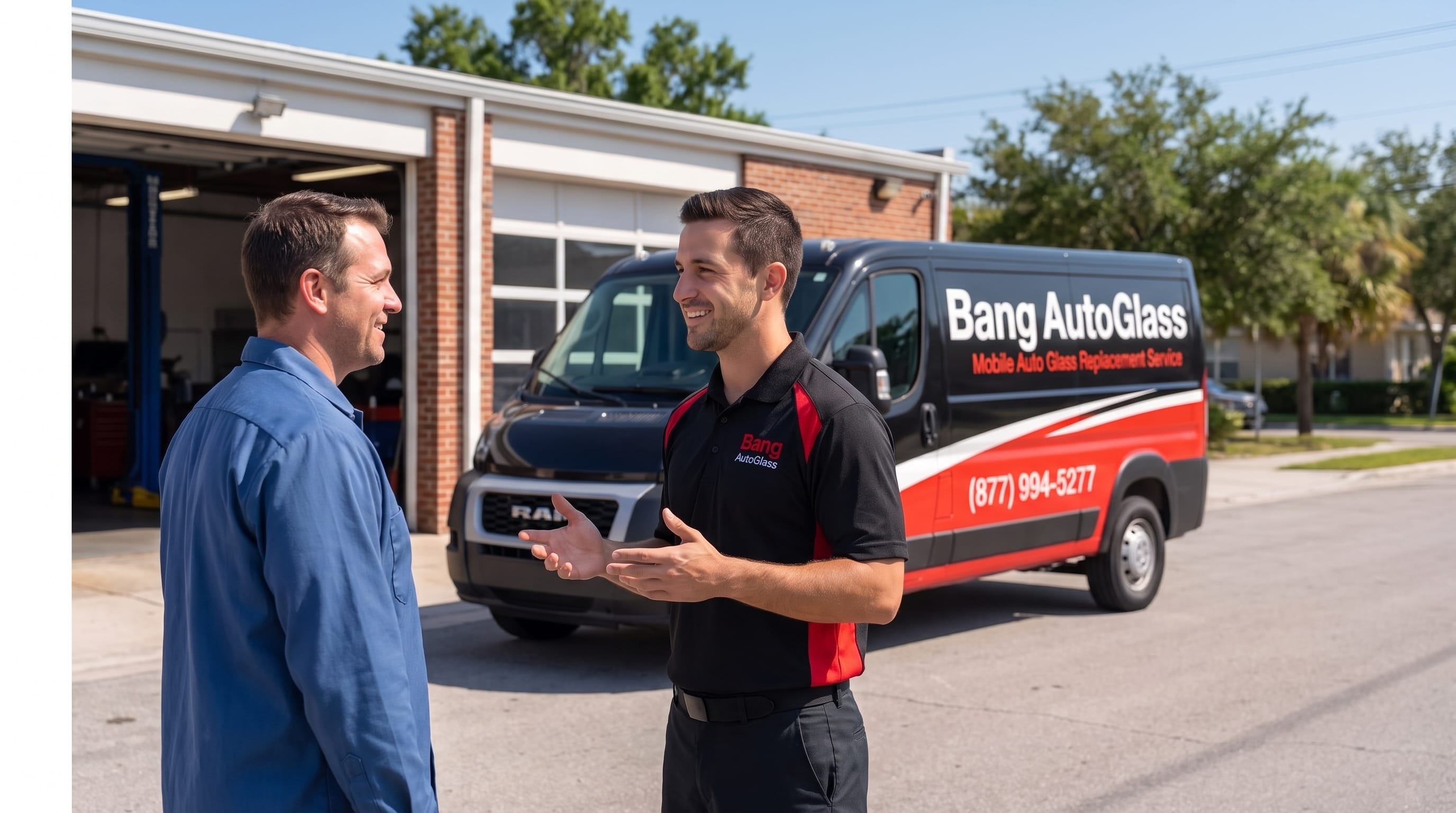 A Bang AutoGlass representative talking with a man outside an auto shop