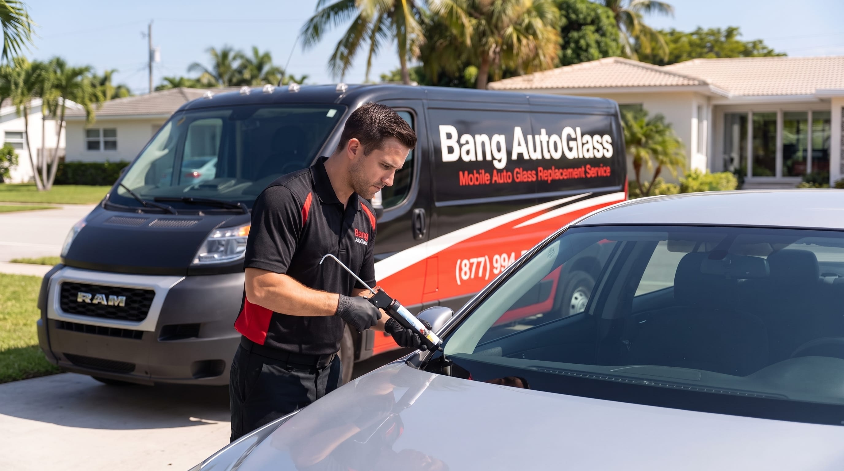 A Bang AutoGlass technician finishing a windshield installation on a car in a sunlit driveway