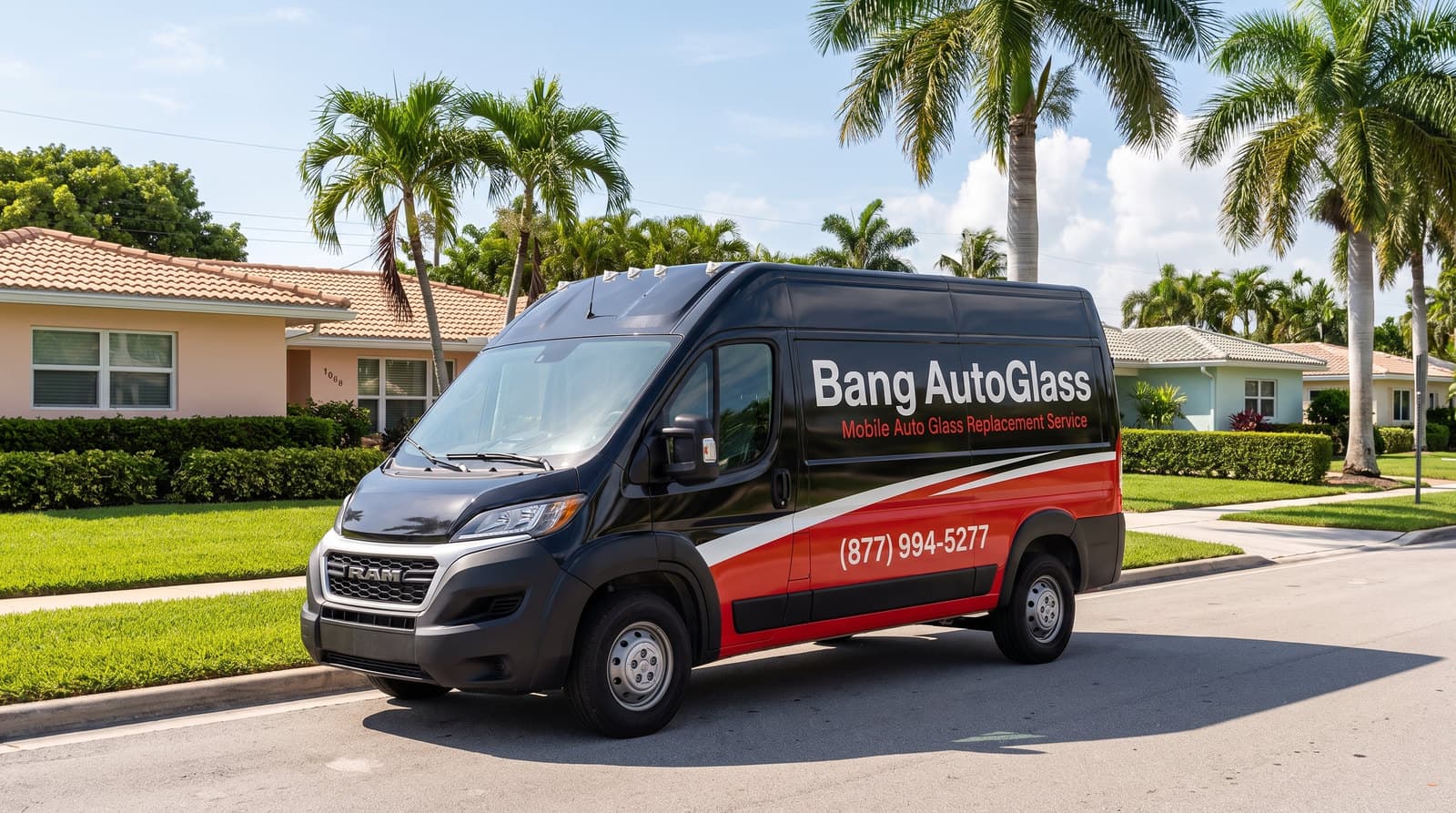 Black and red van with Bang AutoGlass lettering on a palm-lined residential street