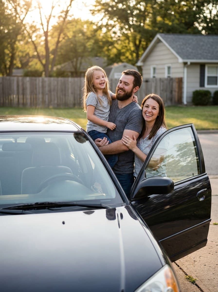A family laughing together beside their car after a windshield replacement