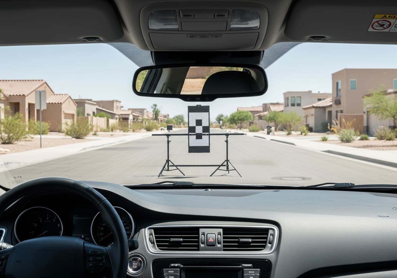 ADAS calibration target seen through a newly fitted windshield