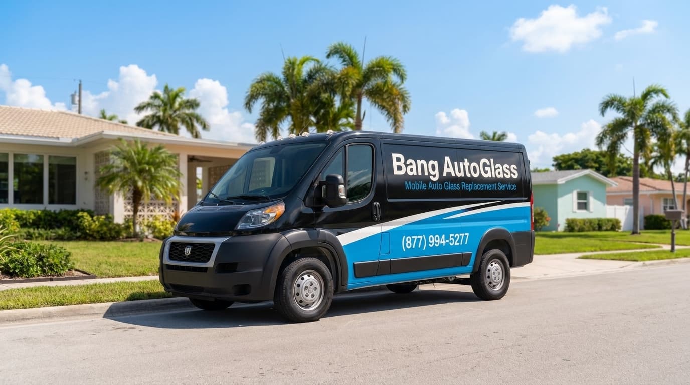 Bang AutoGlass mobile service van on a sunny street in Florida