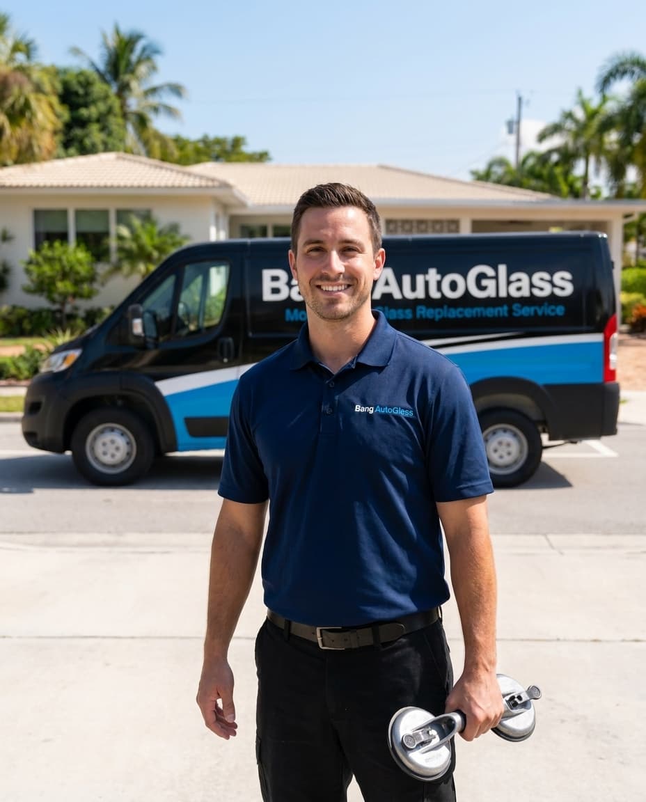 A friendly Bang AutoGlass technician standing in front of the branded mobile service van