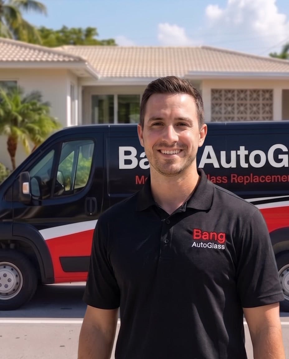 A Bang AutoGlass technician in front of a branded mobile service van