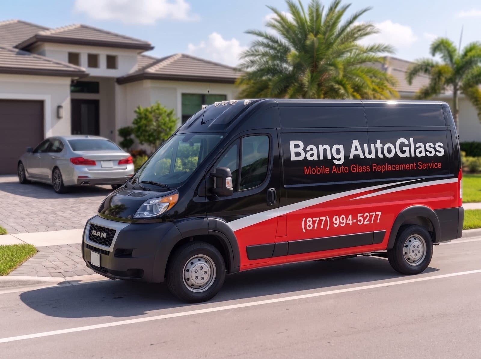 Bang AutoGlass mobile service van at a customer's driveway — windshield replacement where the car is parked