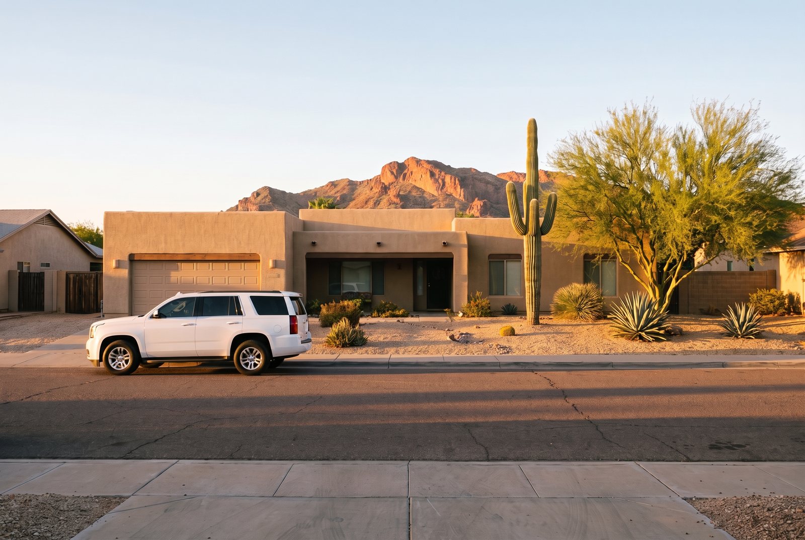 A desert home at golden hour with a gravel yard, a tall saguaro, a palo verde tree and a rocky mountain behind, a white SUV parked out front.