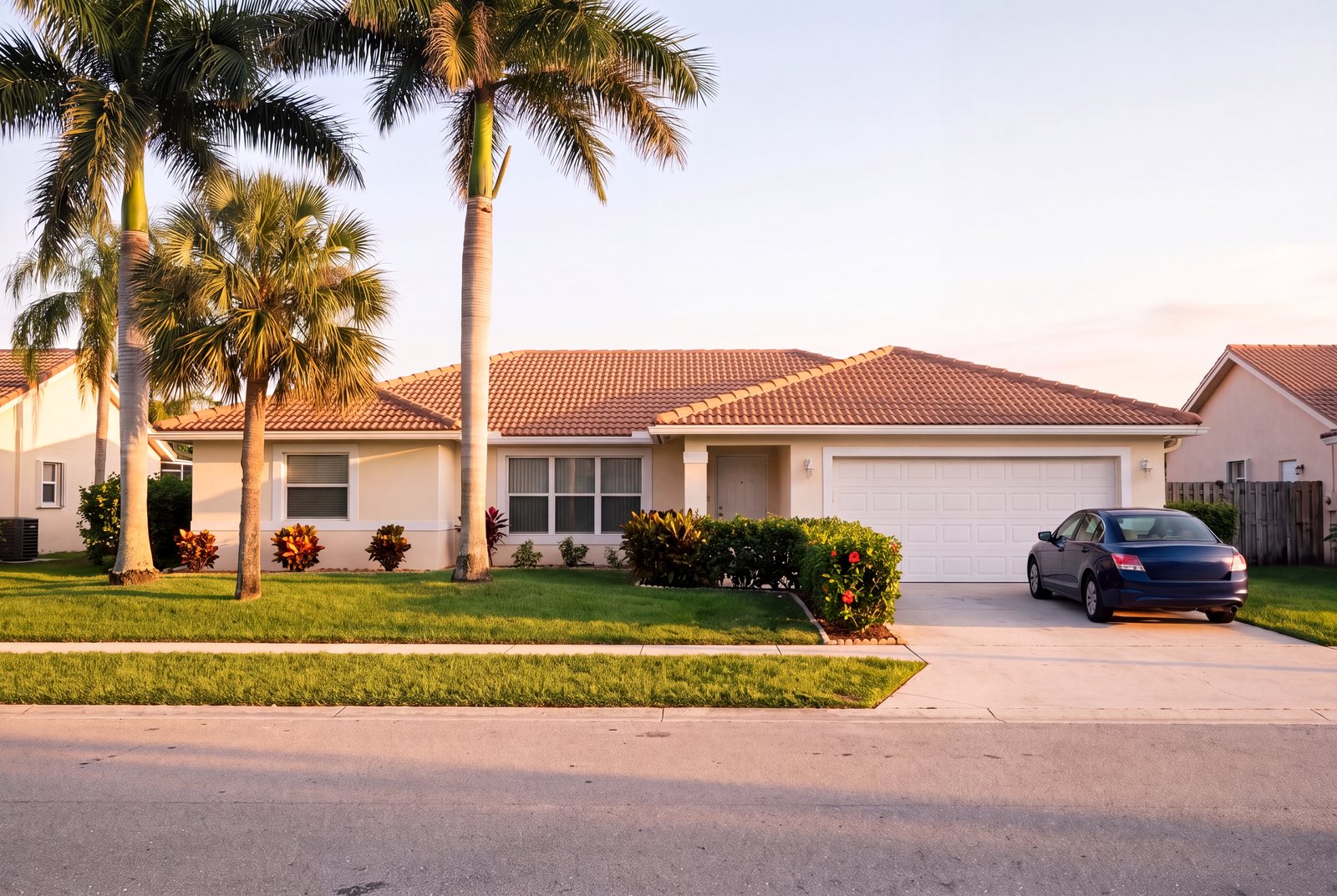 A single-storey cream stucco home with a terracotta tile roof, royal palms and a green lawn at golden hour, a dark blue sedan parked in the driveway.