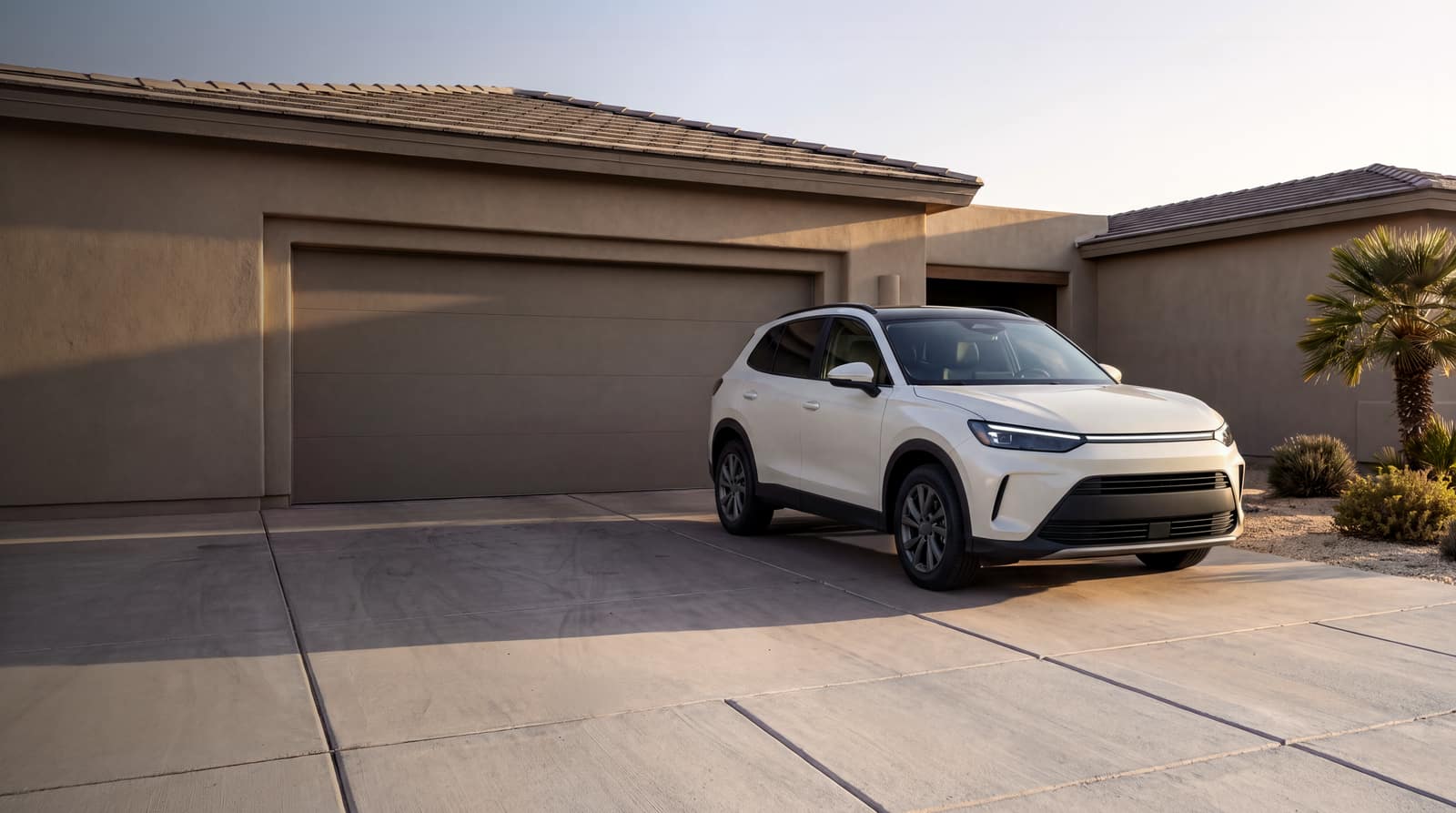 White SUV with a black roof on a concrete driveway outside a stucco home's garage