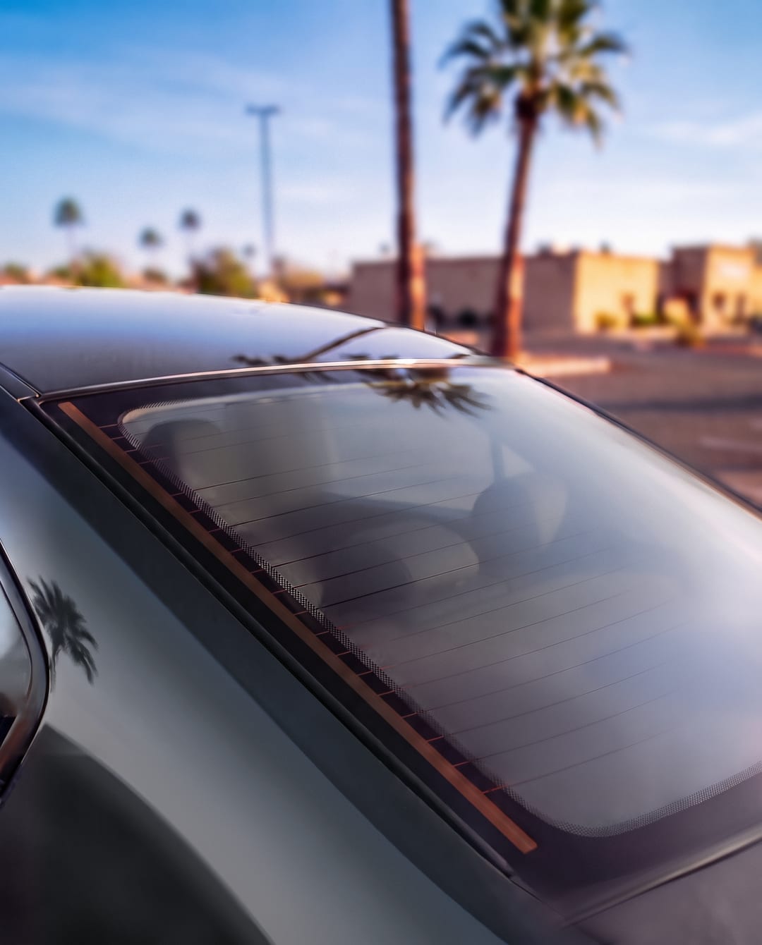 The back glass of a gray sedan in a sunny parking lot with palm trees, its thin defroster lines running to a copper-brown strip along the edge.