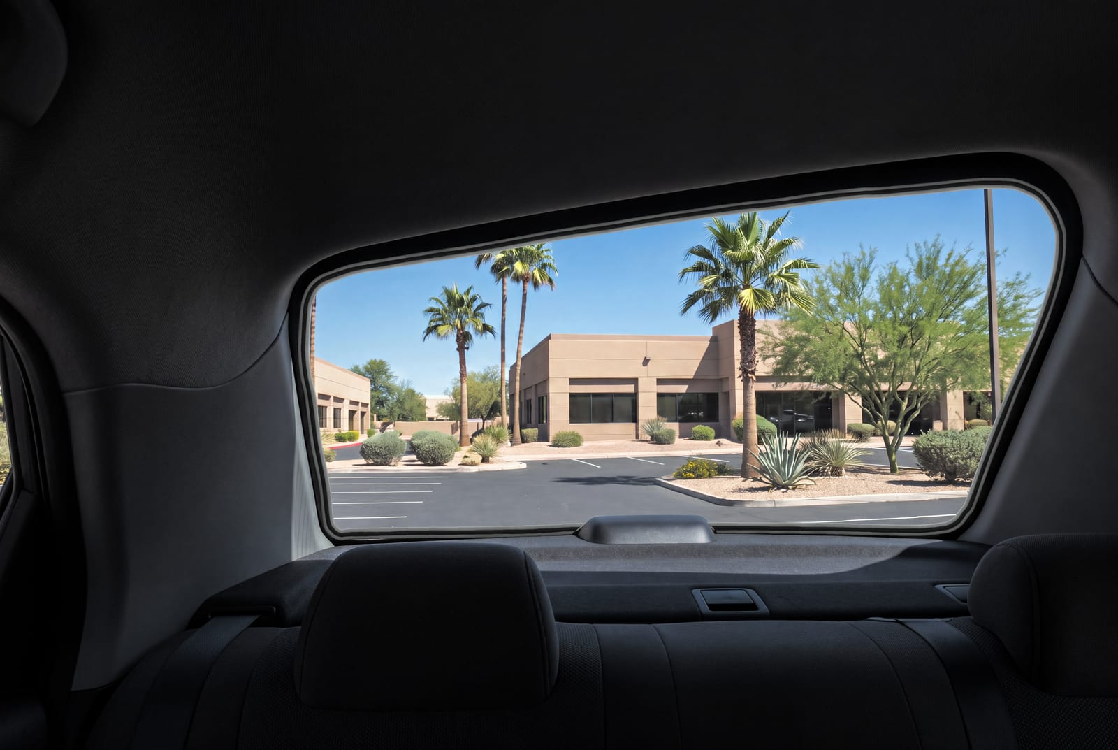 The same view with the broken glass gone: an empty back window opening, its painted edge trimmed down to a low, even bead of old adhesive, and a vacuumed rear shelf, with a sunny parking lot beyond.