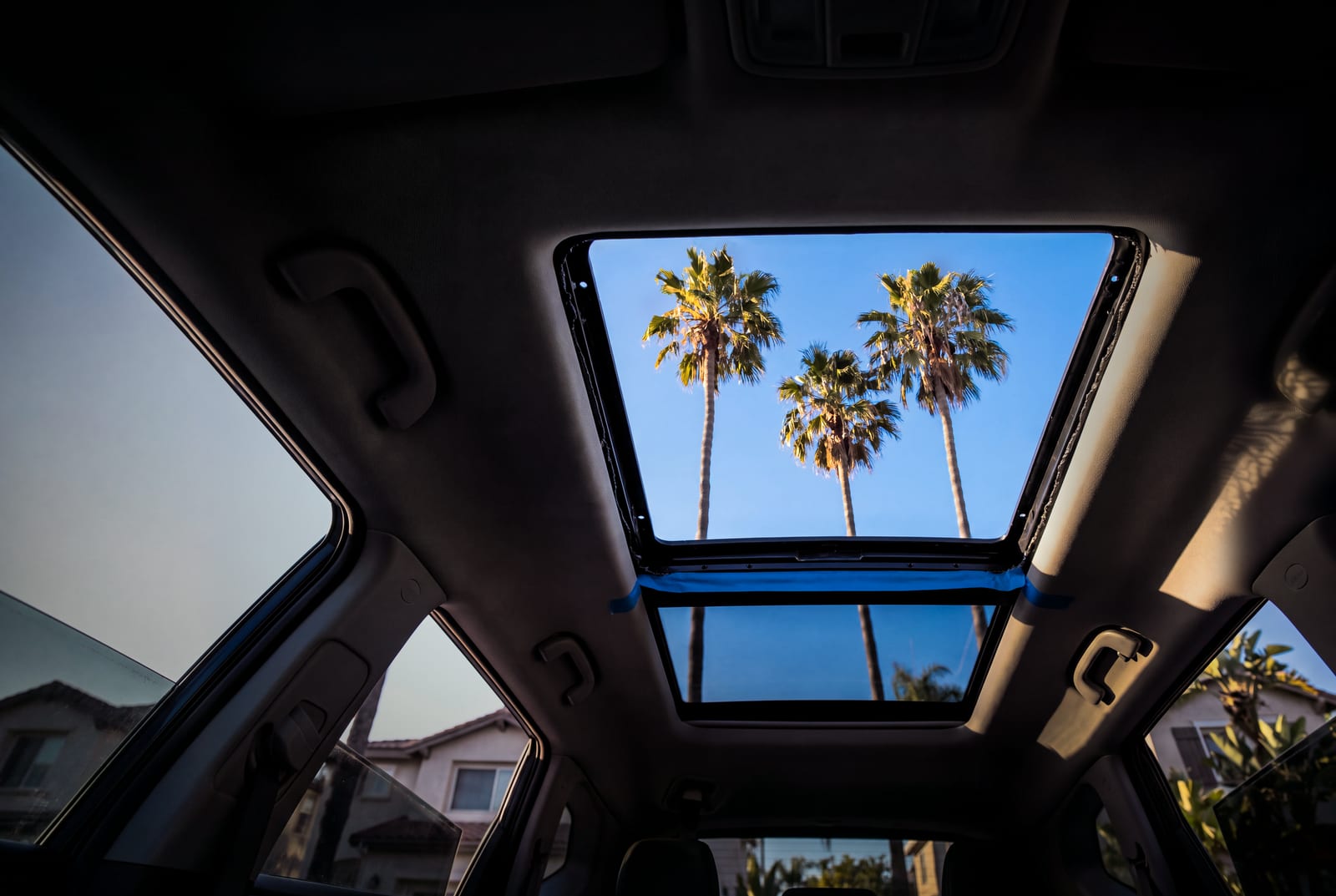 Vista hacia arriba desde el asiento trasero a través de la abertura delantera vacía de un techo panorámico, sin vidrio y con el marco negro a la vista, con hojas de palmera y cielo azul arriba.